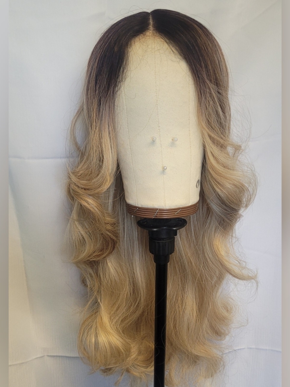Blonde Balayage Long Wavy Synthetic Wig- Brownish Burgundy Root to Honey Blonde